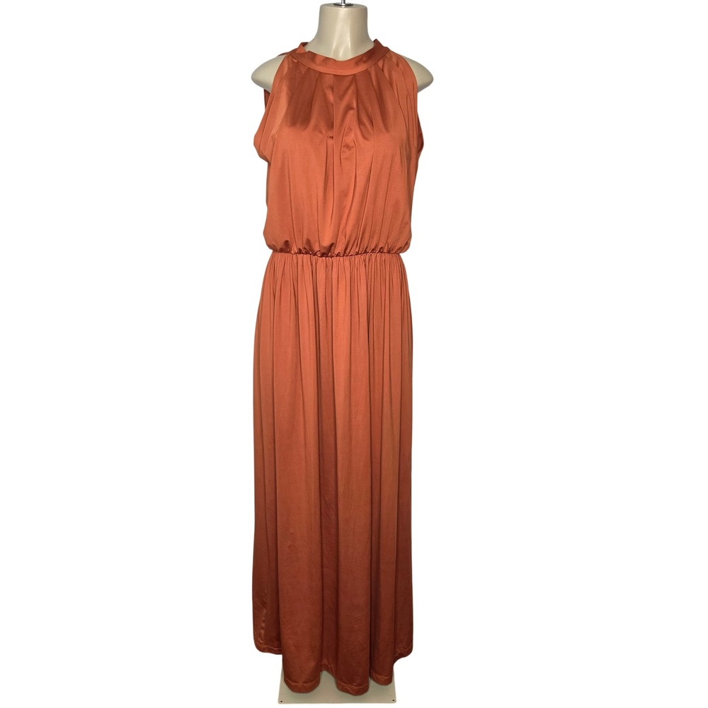 KOH KOH Maxi Dress Womens XL Orange Halter Neck Sleeveless Gown Formal Pleated